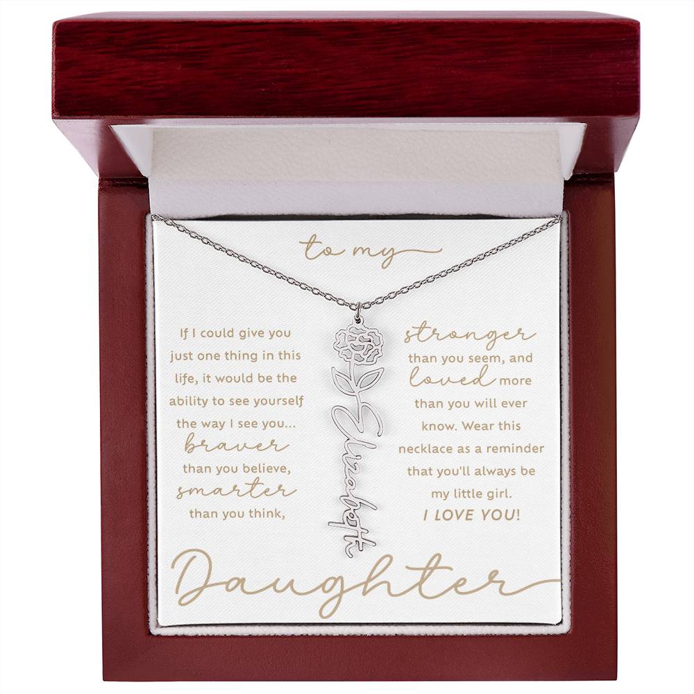 To My Daughter i love you message card custom January birth month flower script name polished stainless steel necklace in a luxury LED light box - perfect Christmas or birthday gift