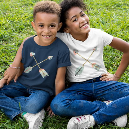 Siblings wearing youth kids size navy blue and white boho crisscross arrows Christian faith-based scripture t-shirt, matching mommy-and-me women's Mom "Raising Arrows" homeschool family tee