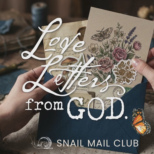 Love letters from God, a Christian Snail mail club with unique bible verse art, prayer journaling prompts, hope and encouragement postcard, paper goodies and stickers with a vintage design aesthetic coming being taken out of a blue envelope by two hands