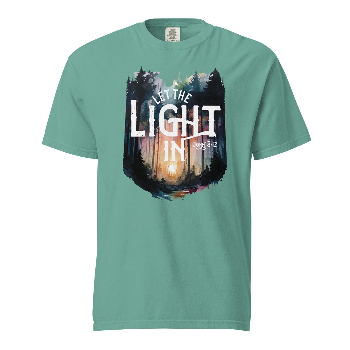 Seafoam turquoise / light teal garment dyed Comfort Colors C1717 unisex faith-based Christian t-shirt with "Let the Light In" John 8:12 bible verse and watercolor moody forest trees scene, designed for men and women