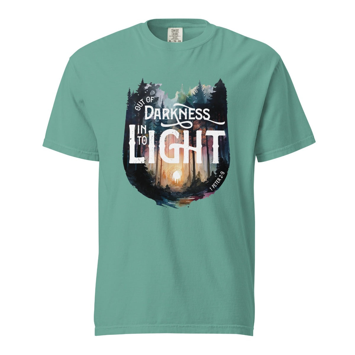 Seafoam bright teal color garment dyed Comfort Colors C1717 unisex faith-based Christian t-shirt with "Out of Darkness, Into Light" 1 Peter 2:9 bible verse and watercolor moody forest trees outdoor scene, designed for men and women