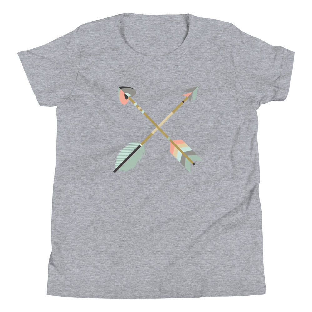 Youth kids size heather gray boho crisscross arrows Christian faith-based scripture t-shirt, matching mommy-and-me women's Mom family tee