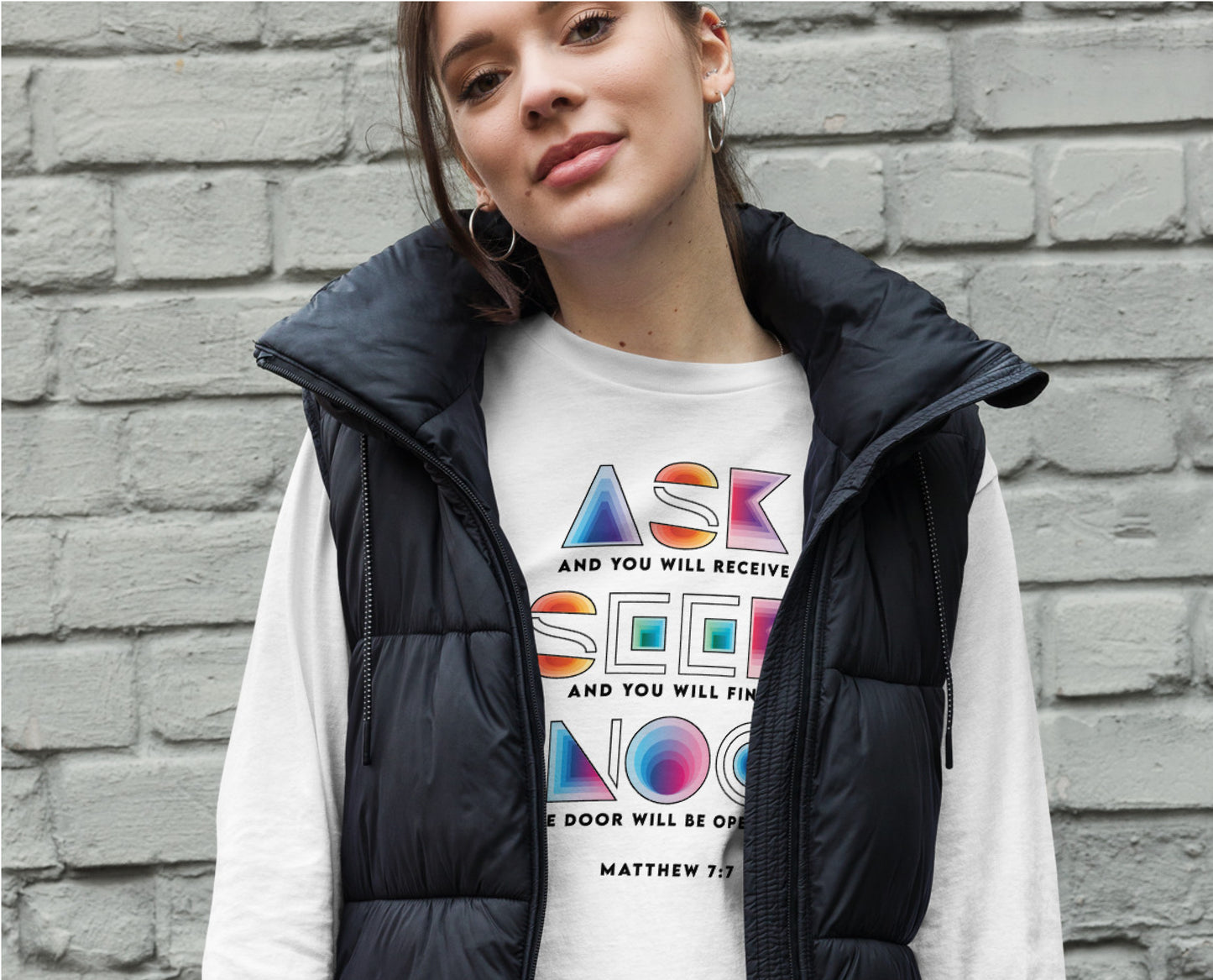 Ask Seek Knock Matthew 7:7 Christian aesthetic design printed in holographic colors on white soft long sleeve tee for men & women