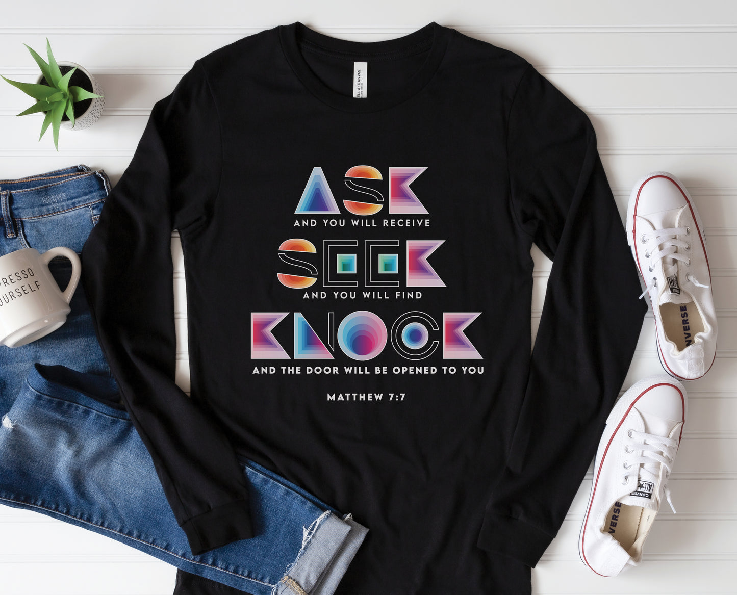 Ask Seek Knock Matthew 7:7 Christian aesthetic design printed in holographic colors on black soft long sleeve tee for men & women