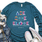 Ask Seek Knock Matthew 7:7 Christian aesthetic design printed in holographic colors on heather deep teal soft long sleeve tee for men & women