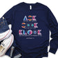 Ask Seek Knock Matthew 7:7 Christian aesthetic design printed in holographic colors on navy blue soft long sleeve tee for men & women