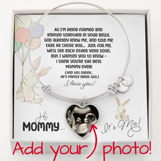 Personalized Baby Ultrasound Photo Heart Pendant Bracelet in Silver with Christian bible verse message card that says Hi Mommy It's Me! You're the Best Mommy Ever with baby bunny graphics - perfect Mother's Day Gift for Pregnancy, Expecting Mamas, and New Moms