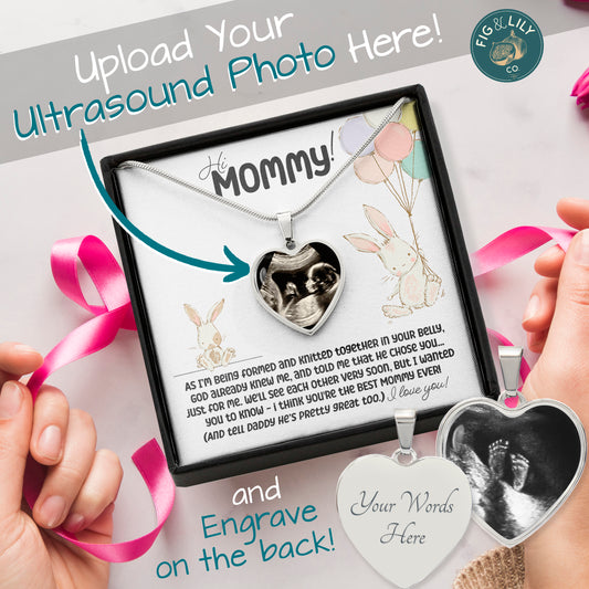 Hi Mommy Baby Bunny Ultrasound Personalized Photo Heart Necklace Gift