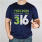Dad - like man wearing a navy blue Christian aesthetic unisex t-shirt with a play on words that says, I Was Born Again on John 3:16, bible verse scripture quote in lime green and white, designed for men and women
