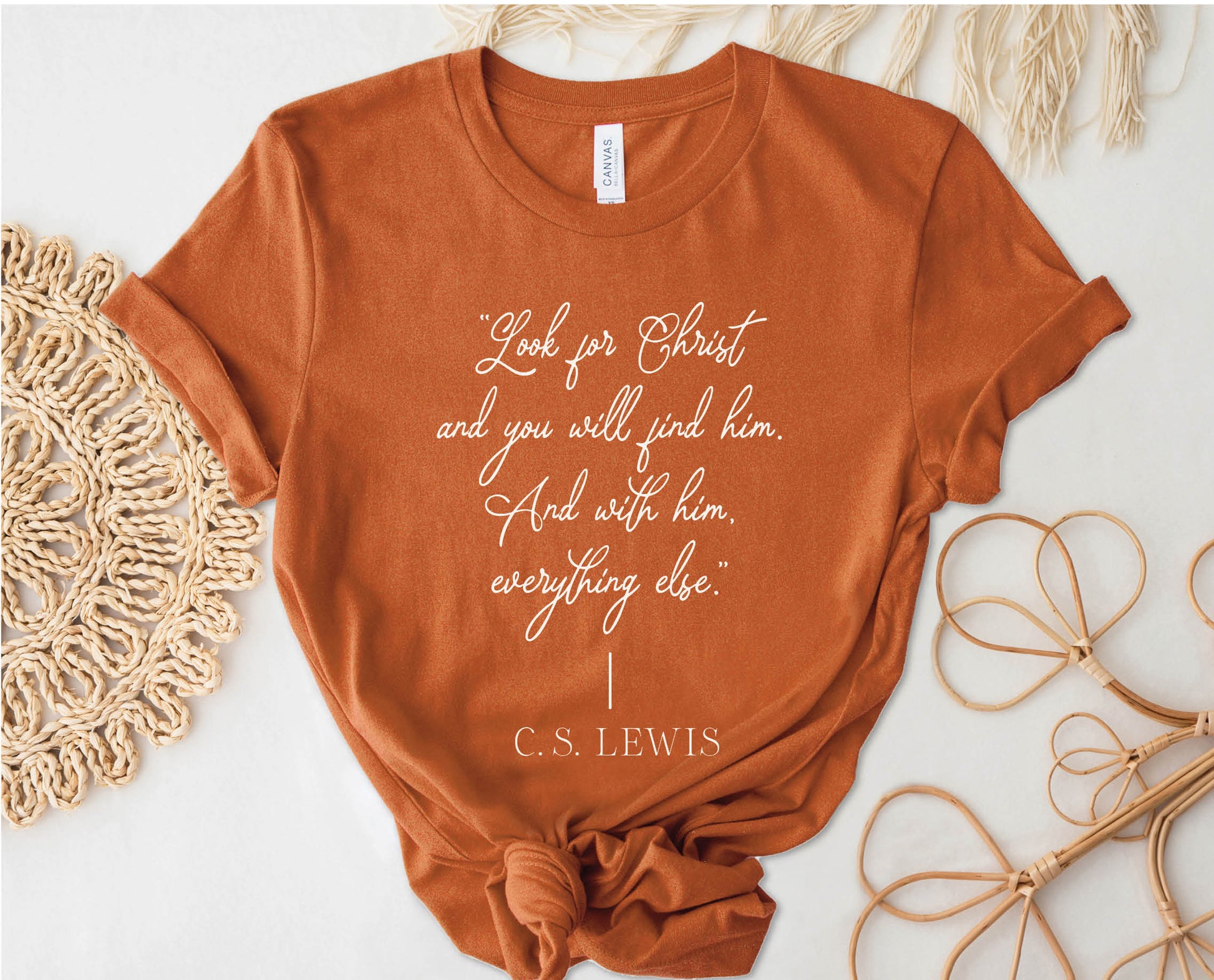 Soft quality toasty Autumn rust orange t-shirt with British writer Narnia author C.S. Lewis quote "Look for Christ and you will find him. And with him, everything else."  printed in white vintage script - Christian aesthetic unisex tee shirt design for women