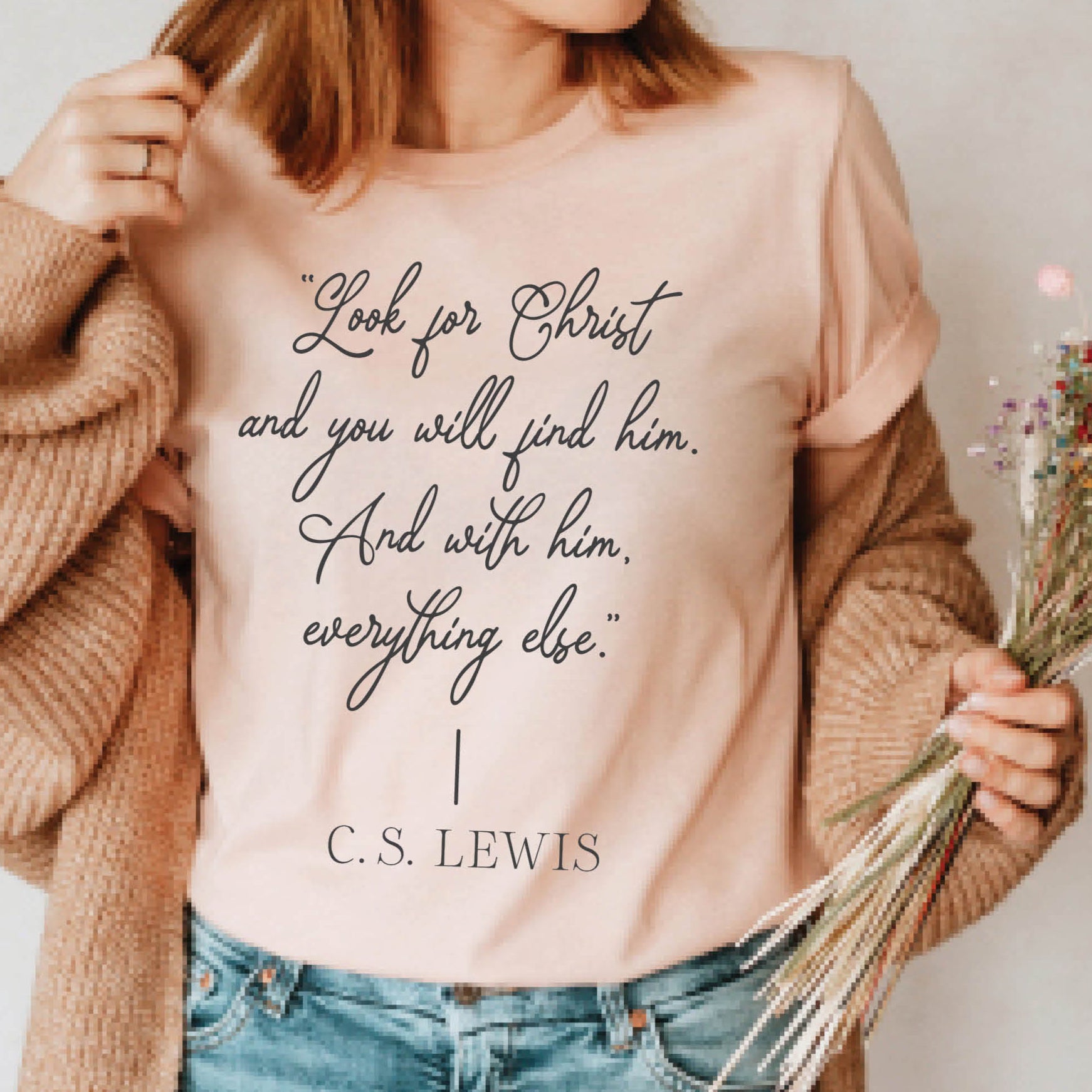 Soft quality heather prism peach t-shirt with British writer Narnia author C.S. Lewis quote "Look for Christ and you will find him. And with him, everything else."  printed in black vintage script - Christian aesthetic unisex tee shirt design for women