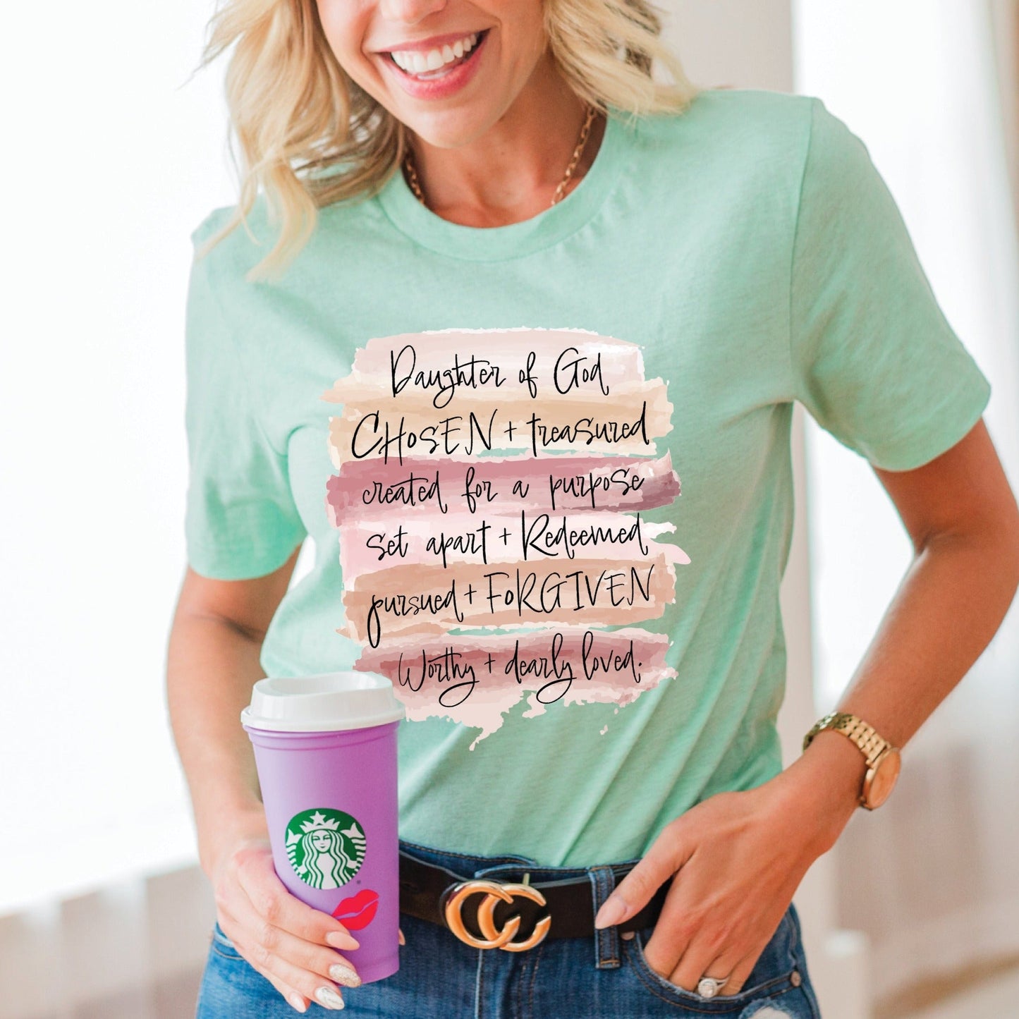 Daughter of God, Chosen, created for a purpose, redeemed, forgiven, worthy, loved, Christian woman aesthetic with neutral colors watercolor splash background printed on soft heather prism mint green unisex t-shirt for women