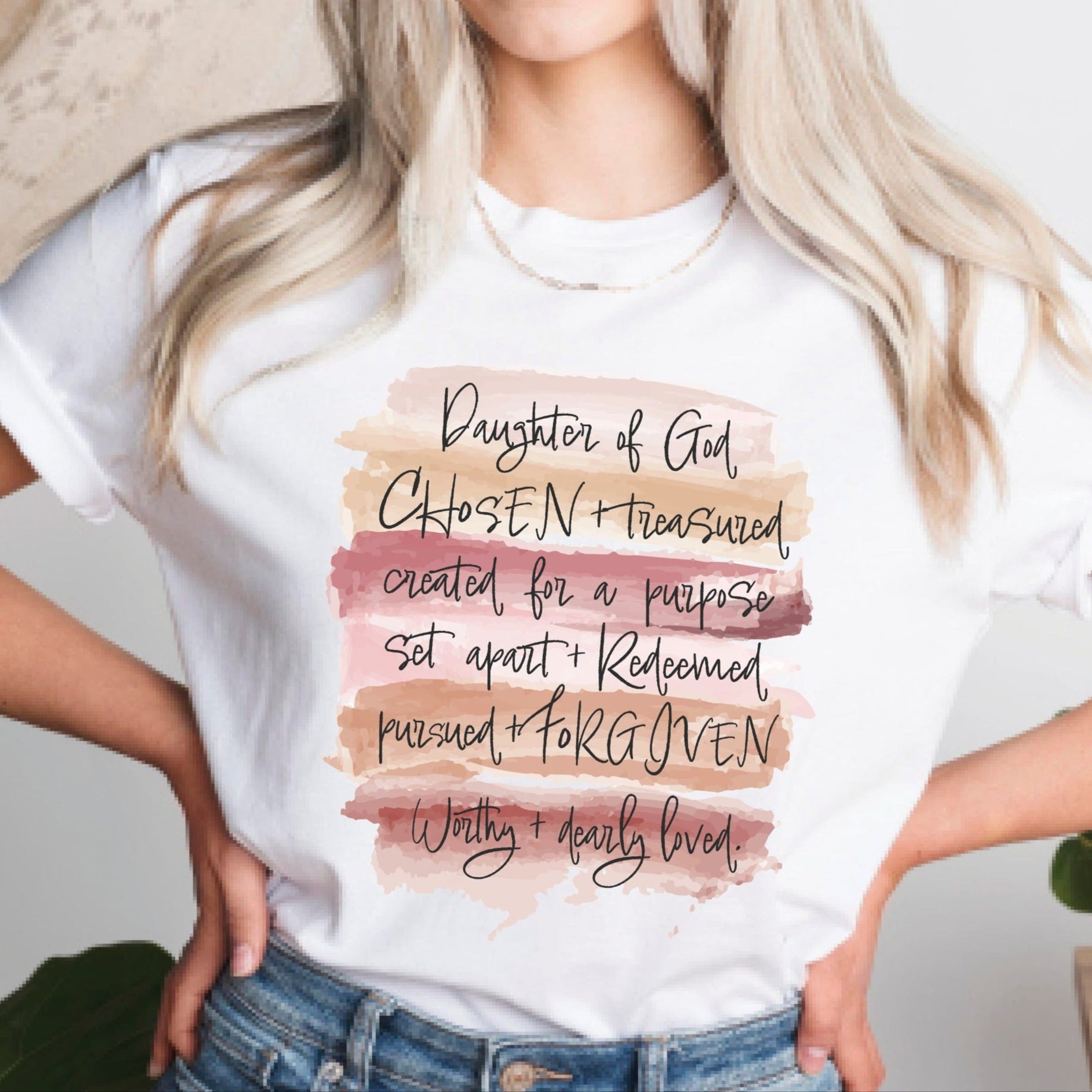 Daughter of God, Chosen, created for a purpose, redeemed, forgiven, worthy, loved, Christian woman aesthetic with neutral colors watercolor splash background printed on soft white unisex t-shirt for women