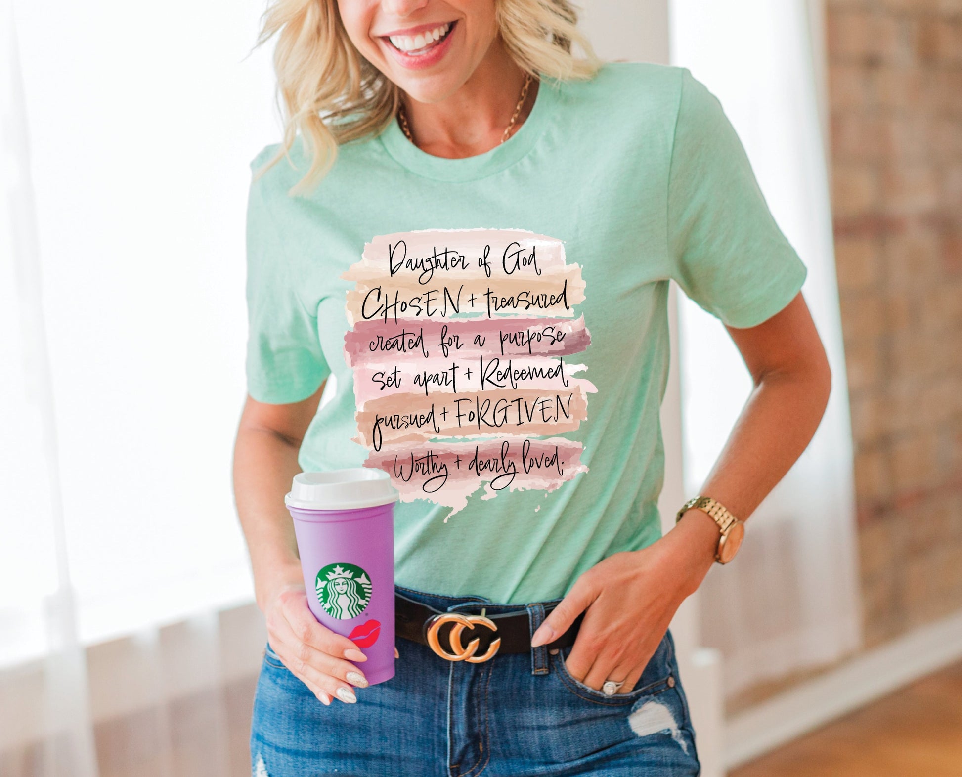 Daughter of God, Chosen, created for a purpose, redeemed, forgiven, worthy, loved, Christian woman aesthetic with neutral colors watercolor splash background printed on soft heather prism mint green unisex t-shirt for women