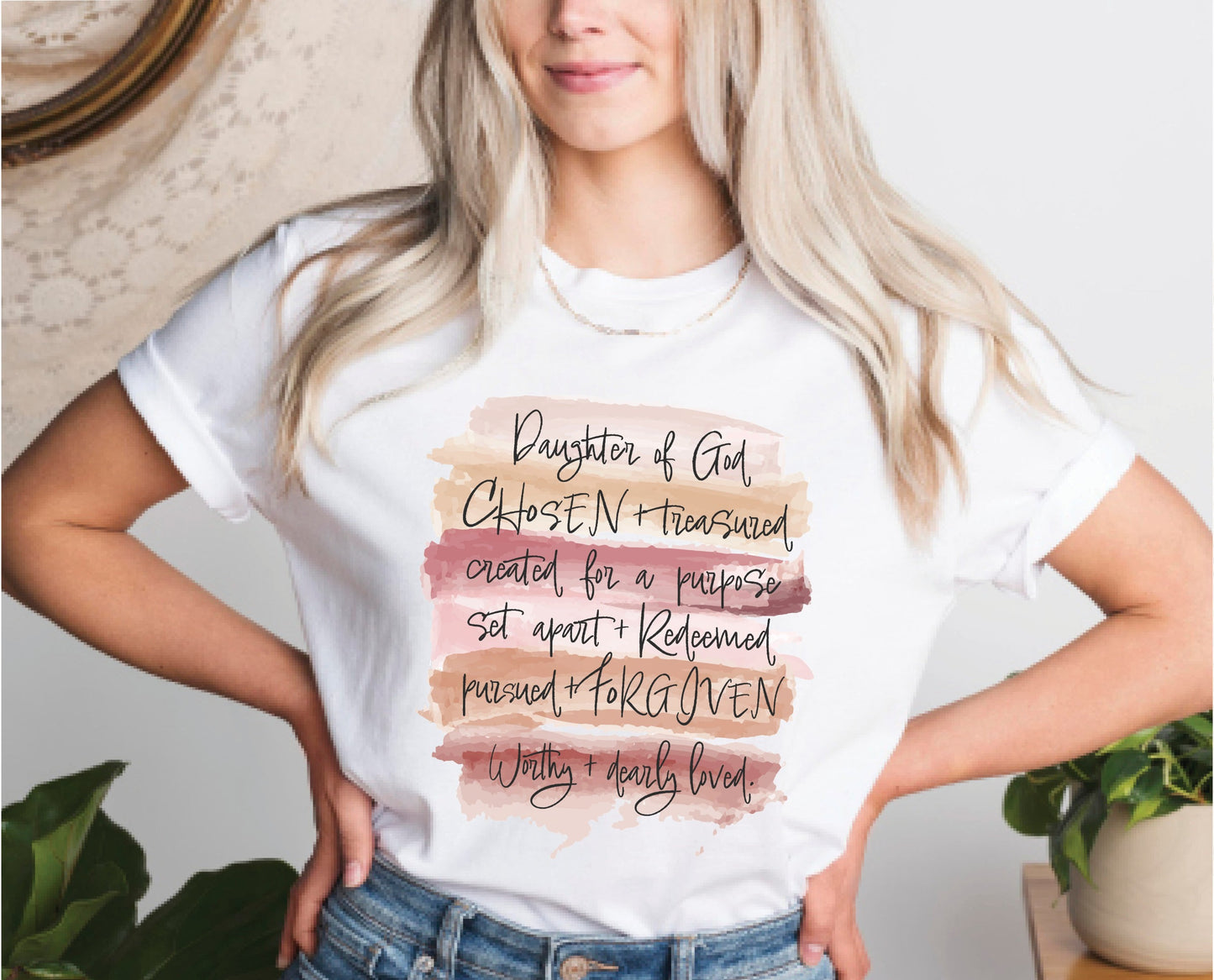 Daughter of God, Chosen, created for a purpose, redeemed, forgiven, worthy, loved, Christian woman aesthetic with neutral colors watercolor splash background printed on soft white unisex t-shirt for women