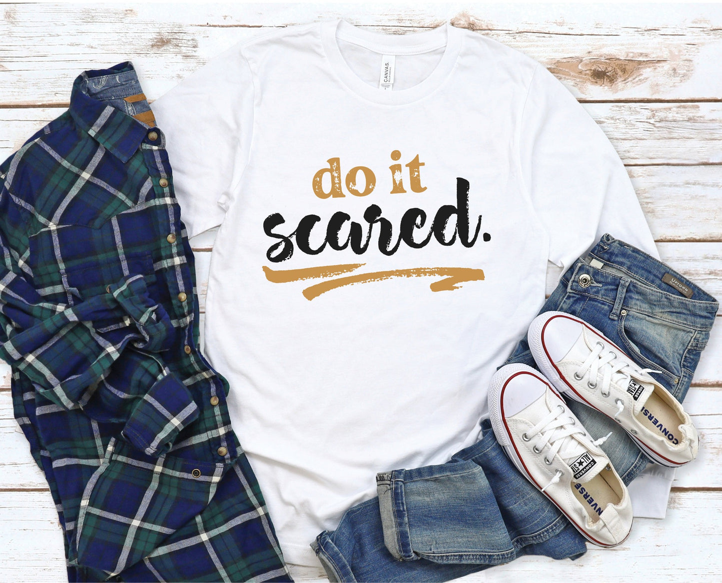 Do It Scared faith over fear 2 Timothy 1:7 do not fear bible verse Christian aesthetic design printed in black and gold on soft white unisex long sleeve tee shirt for women and men