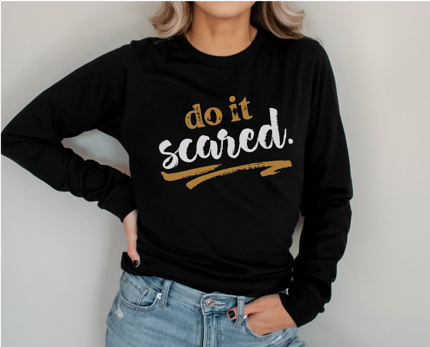 Do It Scared faith over fear 2 Timothy 1:7 do not fear bible verse Christian aesthetic design printed in white and gold on soft black unisex long sleeve tee shirt for women and men