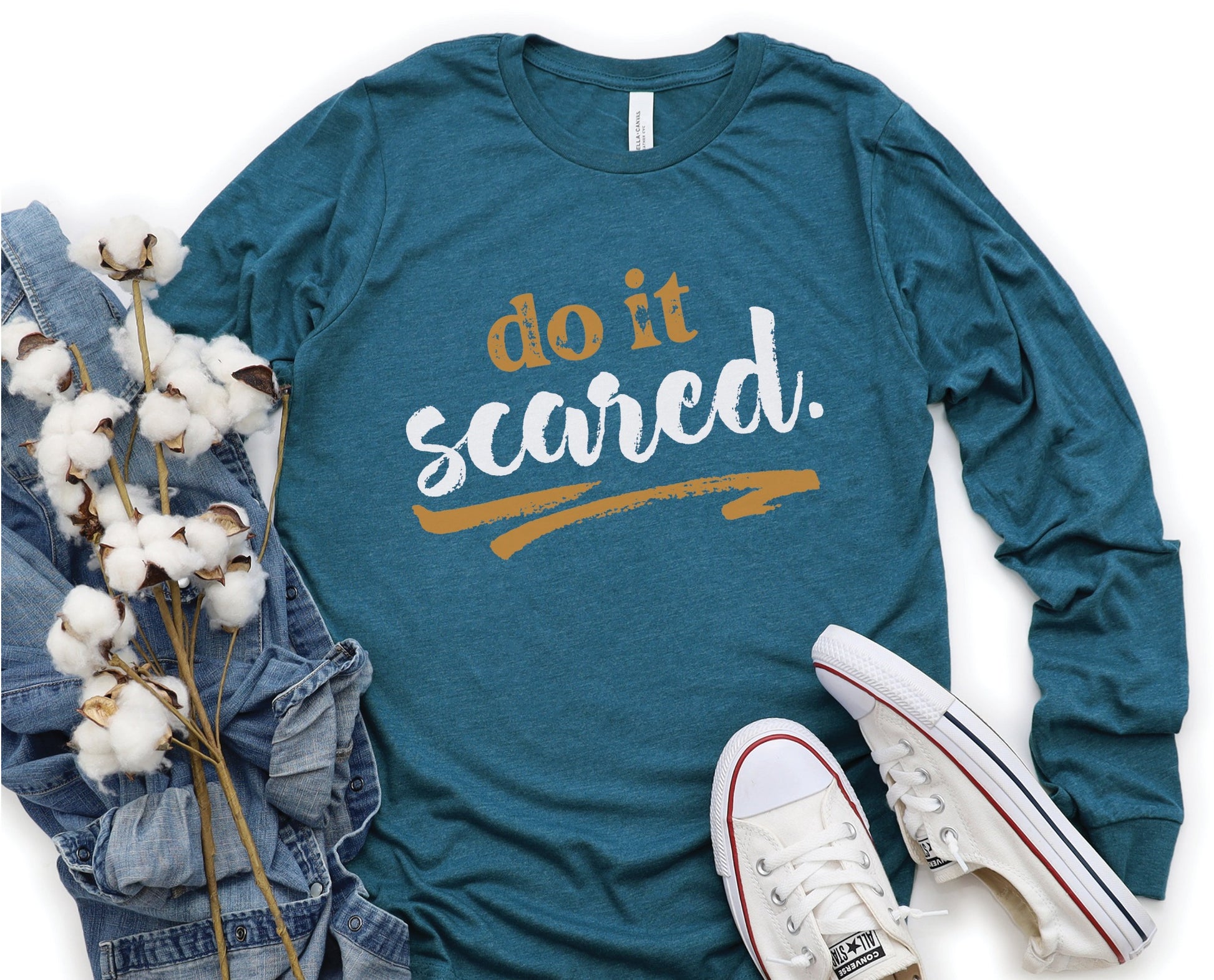 Do It Scared faith over fear 2 Timothy 1:7 do not fear bible verse Christian aesthetic design printed in white and gold on soft heather deep teal unisex long sleeve tee shirt for women and men