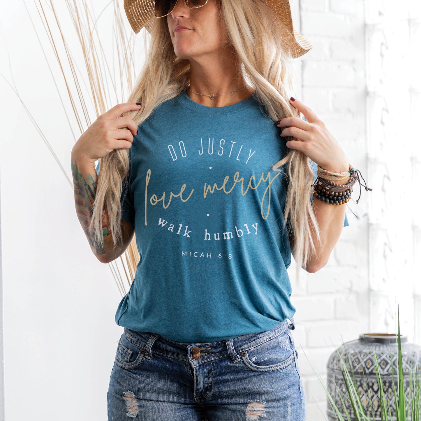 Heather Deep Teal Christian faith-based unisex t-shirt for women with Micah 6:8 bible verse scripture printed that says, Do Justly Love Mercy walk humbly in gold and white, designed for women in sizes small thru 4X