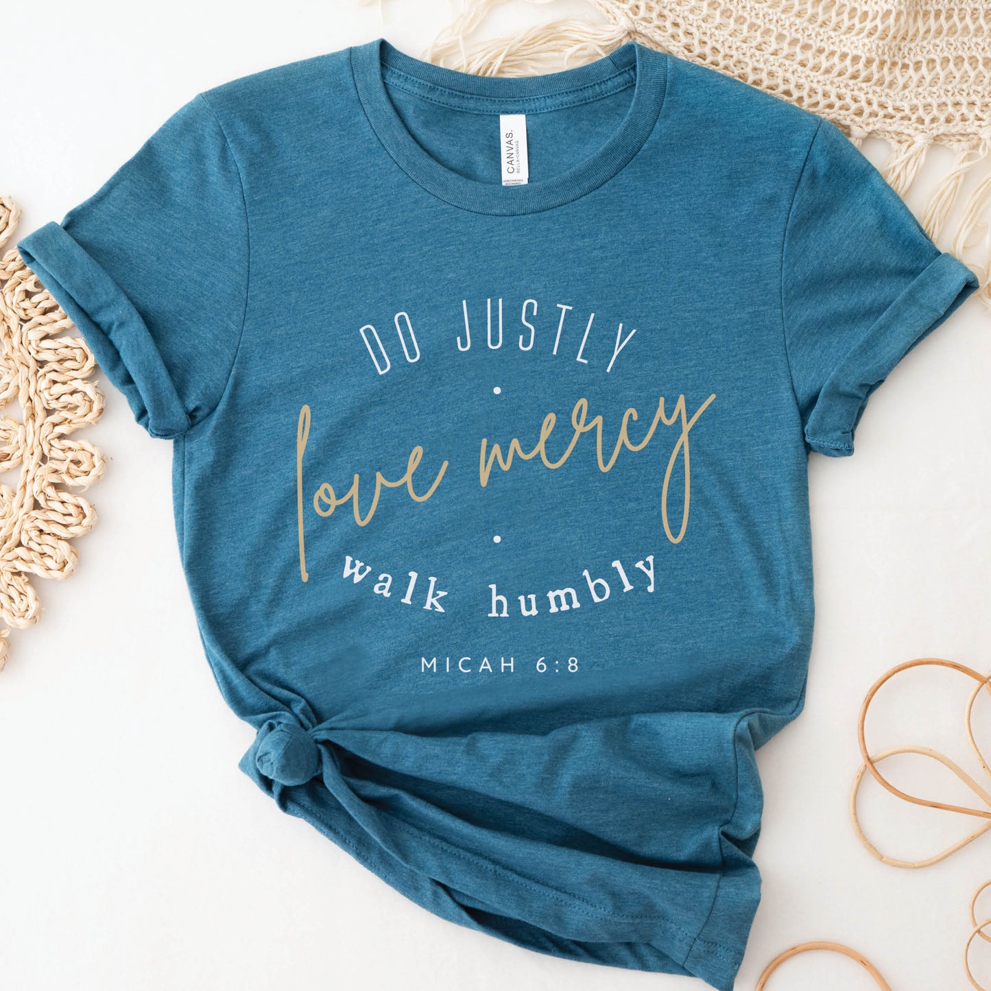 Heather Deep Teal Christian faith-based unisex t-shirt for women with Micah 6:8 bible verse scripture printed that says, Do Justly Love Mercy walk humbly in gold and white, designed for women in sizes small thru 4X