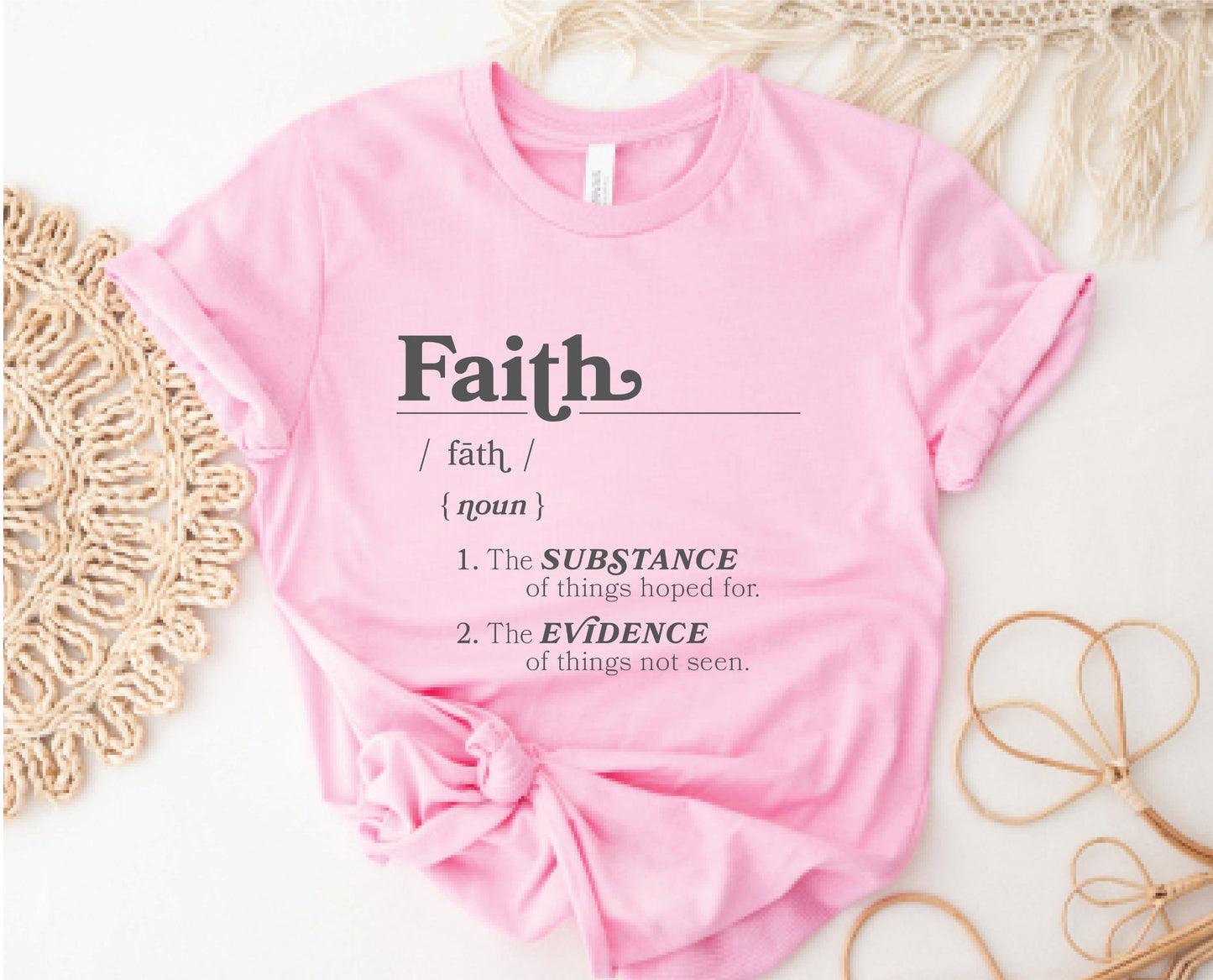 Faith Definition Hebrews 11:1 Christian aesthetic design printed in charcoal gray on soft pink unisex t-shirt for women and men