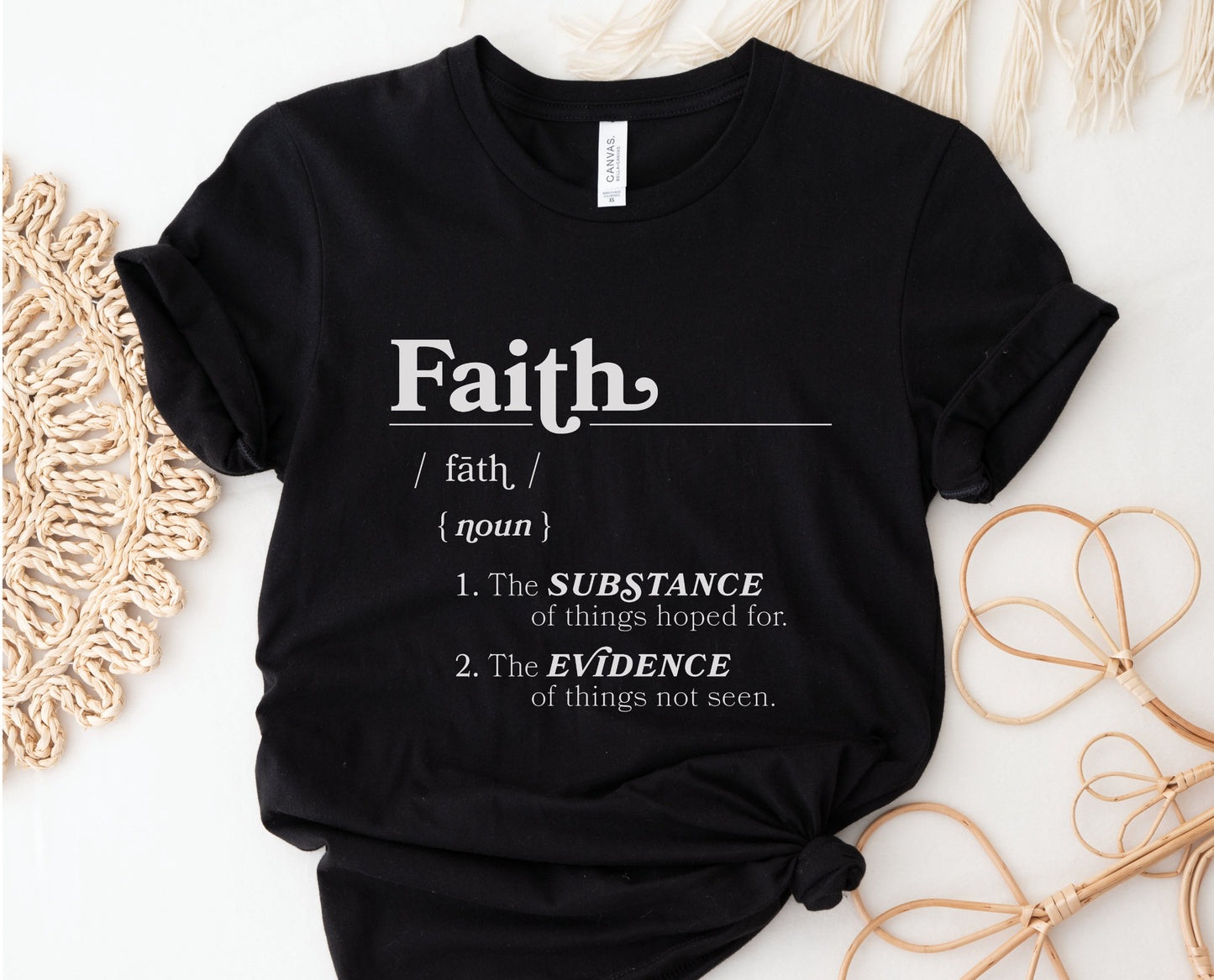Faith Definition Hebrews 11:1 Christian aesthetic design printed in white on soft black unisex t-shirt for women and men