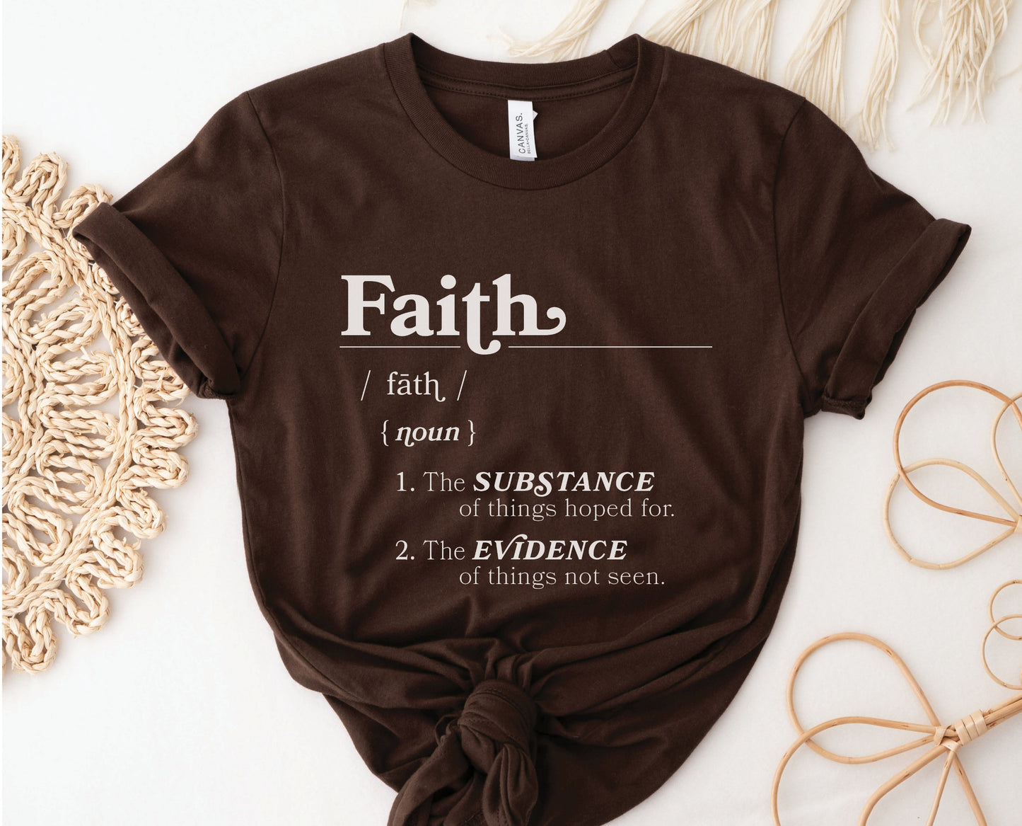 Faith Definition Hebrews 11:1 Christian aesthetic design printed in white on soft trendy brown unisex t-shirt for women and men