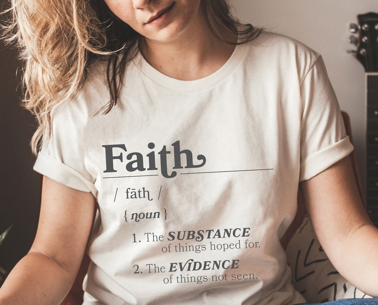 Faith Definition Hebrews 11:1 Christian aesthetic design printed in charcoal gray on soft cream unisex t-shirt for women and men