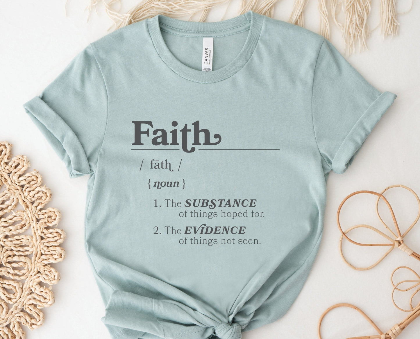 Faith Definition Hebrews 11:1 Christian aesthetic design printed in charcoal gray on soft heather dusty blue unisex t-shirt for women and men