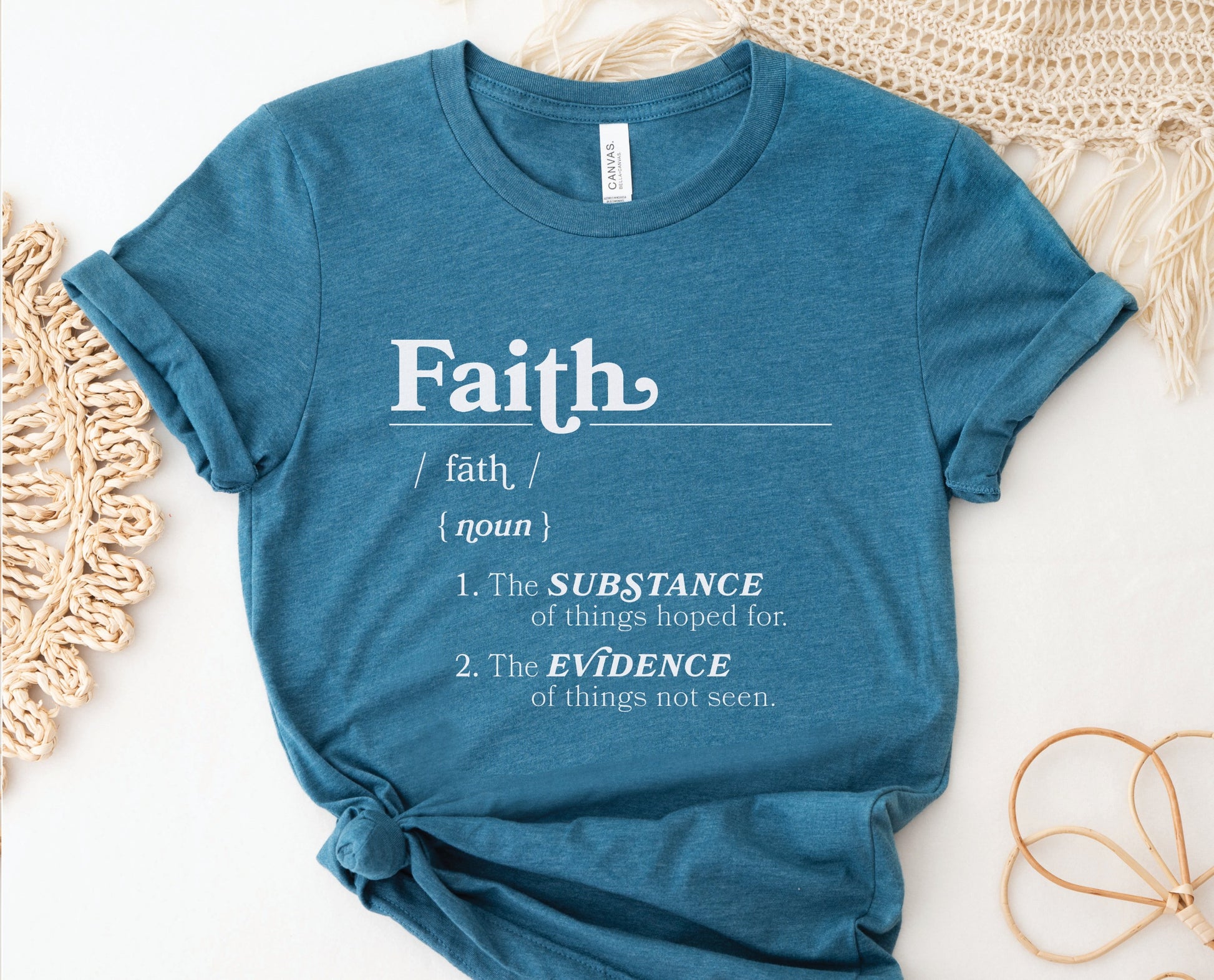 Faith Definition Hebrews 11:1 Christian aesthetic design printed in white on soft heather deep teal unisex t-shirt for women and men