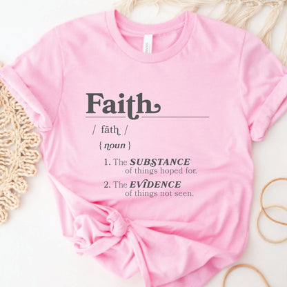 Faith Definition Hebrews 11:1 Christian aesthetic design printed in charcoal gray on soft pink unisex t-shirt for women and men