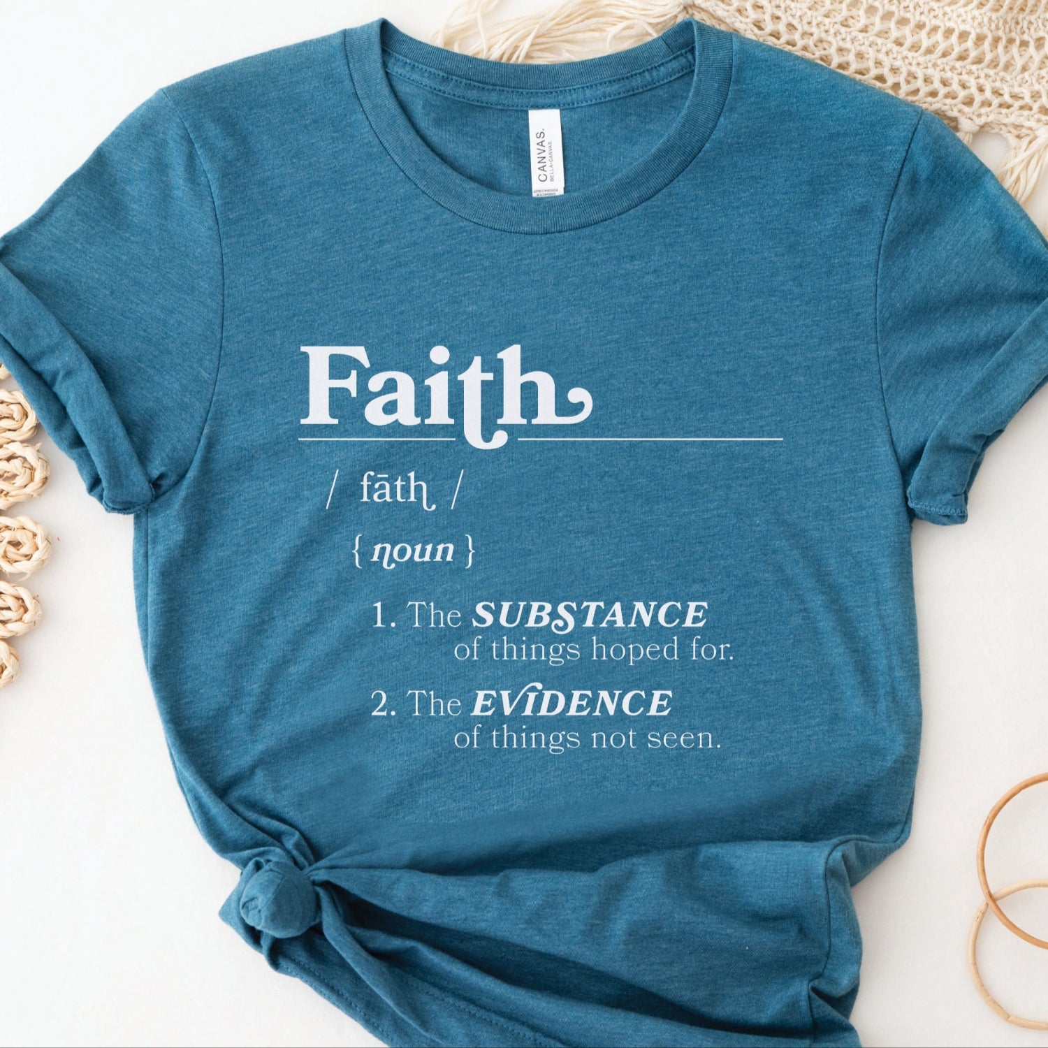 Faith Definition Hebrews 11:1 Christian aesthetic design printed in white on soft heather deep teal unisex t-shirt for women and men