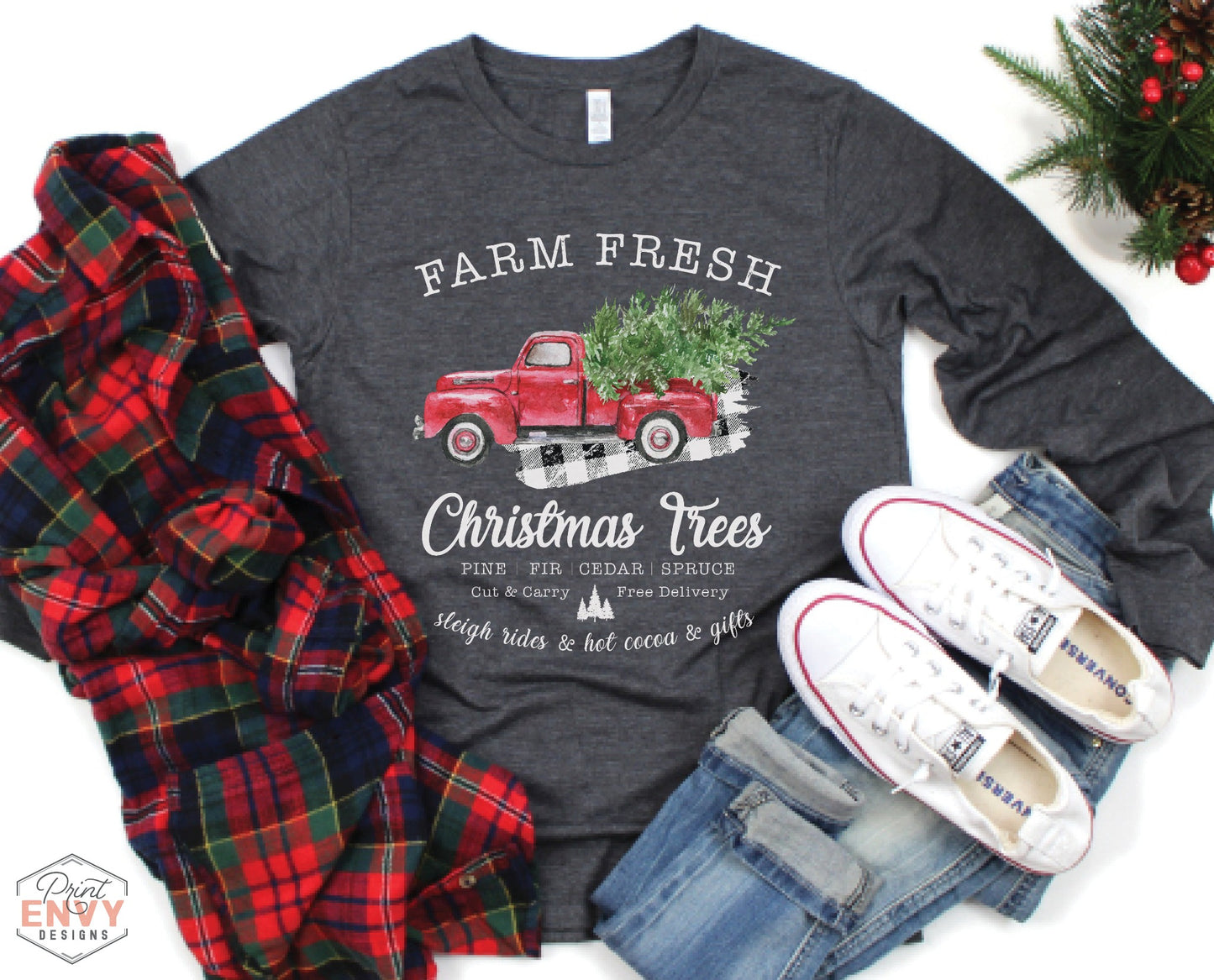 Farm Fresh Christmas Tree Red Truck - Long Sleeve Tee