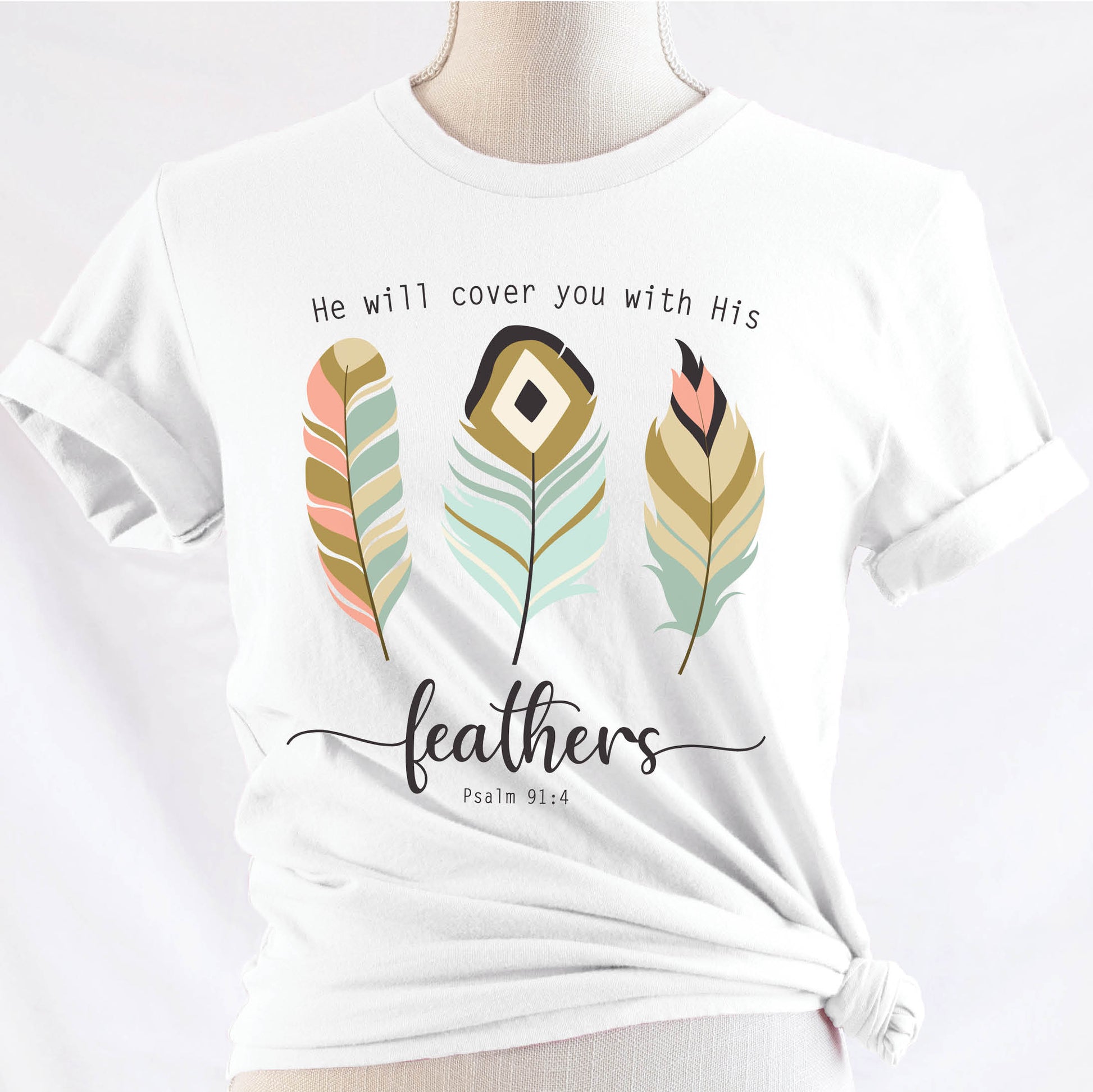Psalm 91:4 "He Will Cover You With His Feathers" boho bible verse Christian woman aesthetic with teal peach and gold feathers printed on soft white unisex t-shirt for women