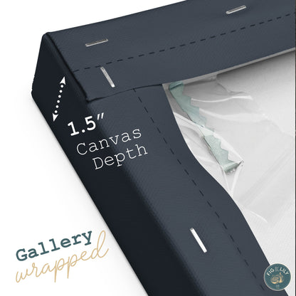 Info graphic of a rich navy blue canvas print hand stretched and gallery wrapped over 1.5" depth wood stretcher bars with hanging hardware included