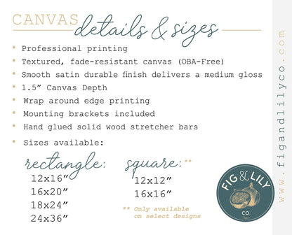 Fig & Lily Co. Christian faith based wall art info graphic including details and sizes for gallery wrapped canvas prints for home, church, or office decor
