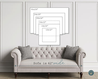 Photo showing landscape wall art canvas print size chart including 36x24", 24x18", 20x16", 16x12", 16x16", 12x12", Christian faith based wall art for home, church, or office decor