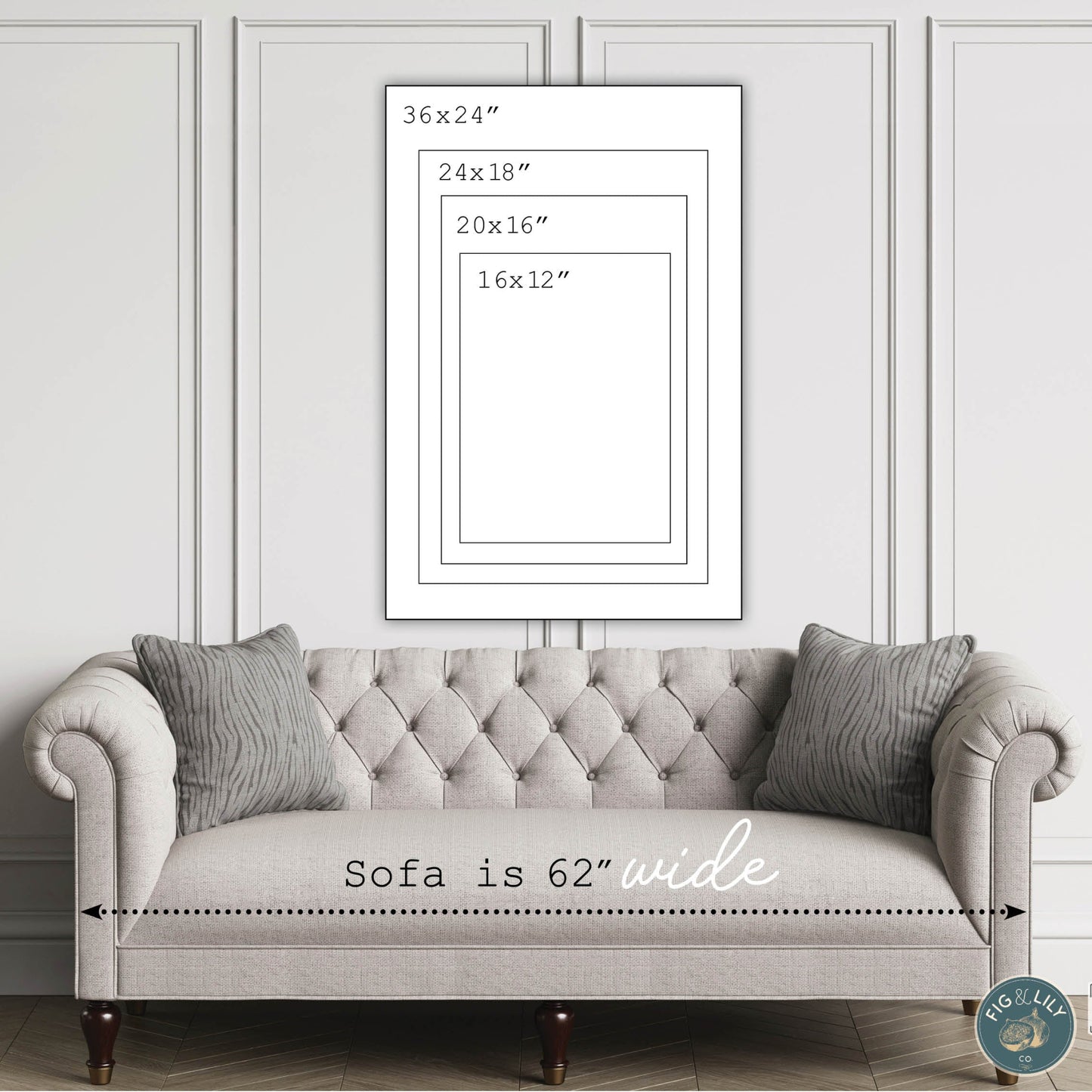 Photo showing portrait orientation wall art canvas print size chart over a 62" luxury sofa including 24x36", 18x24", 16x20", and 12x16" Christian faith based wall decor for home, church, or office