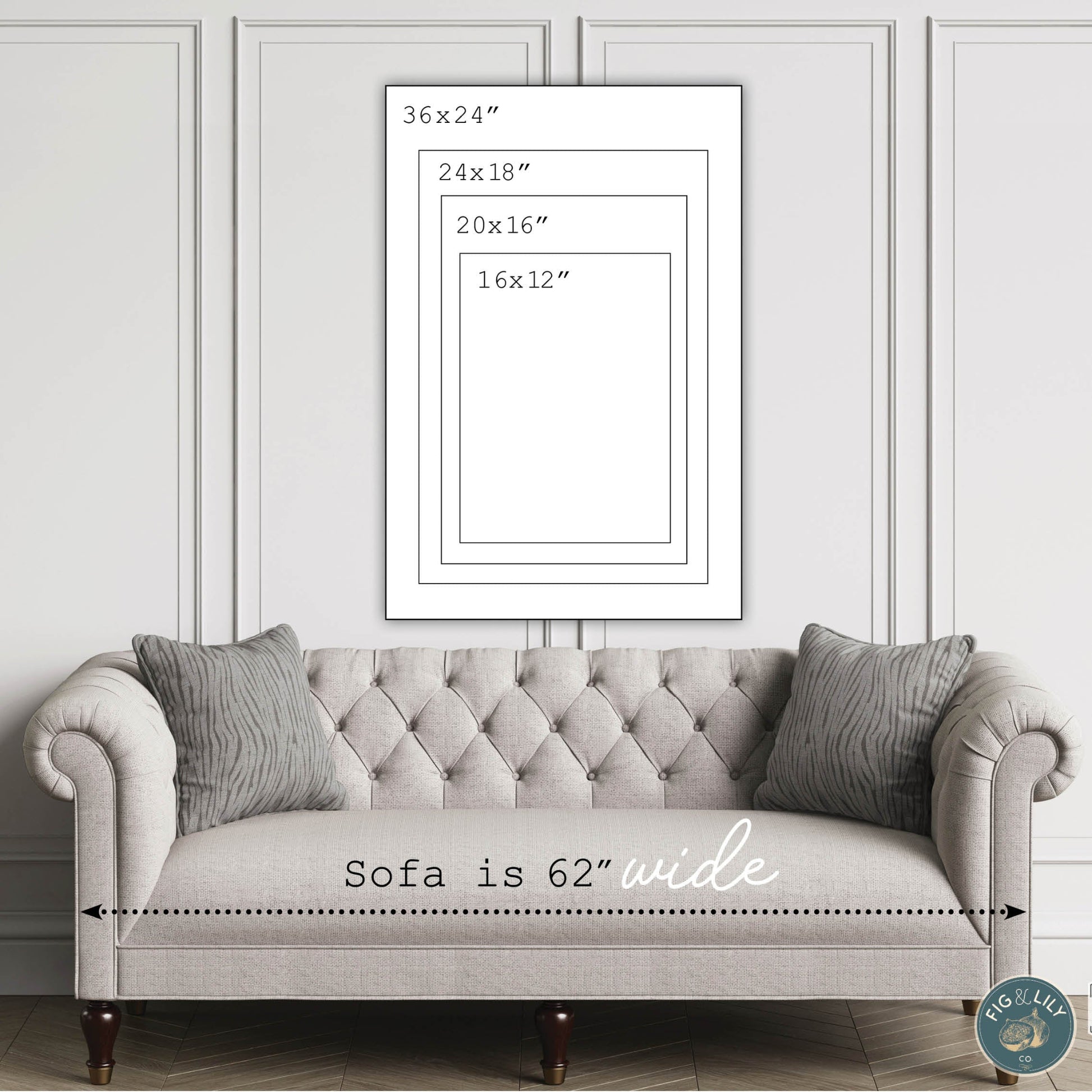 Photo showing portrait orientation wall art canvas print size chart over a 62" luxury sofa including 24x36", 18x24", 16x20", and 12x16" Christian faith based wall decor for home, church, or office