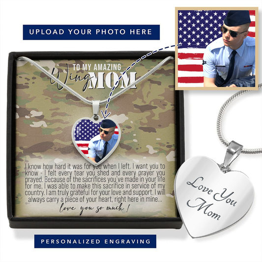 Air Force Wing Mom Personalized Photo Pendant Necklace Gift with heart-felt camo message card that says "To My Amazing WingMom" and optional custom back side engraving