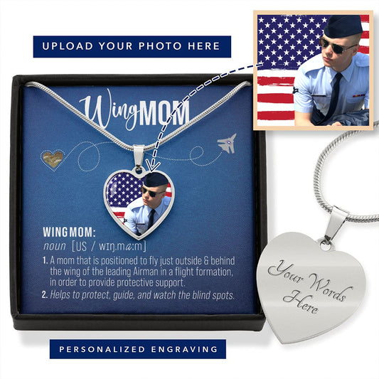 Air Force Wing Mom afwingmom Personalized Photo Heart Pendant Necklace Gift with message card that has US military WingMom definition printed with Navy Blue background and optional custom back side engraving