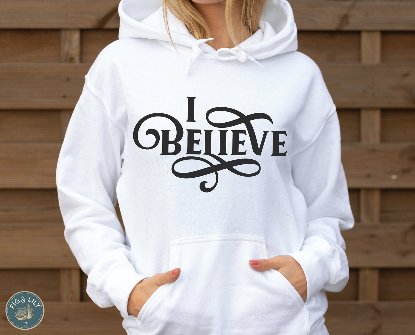 I Believe Swirl Christian aesthetic Jesus believer design printed in black on soft white unisex hoodie sweatshirt for women, great gift for her