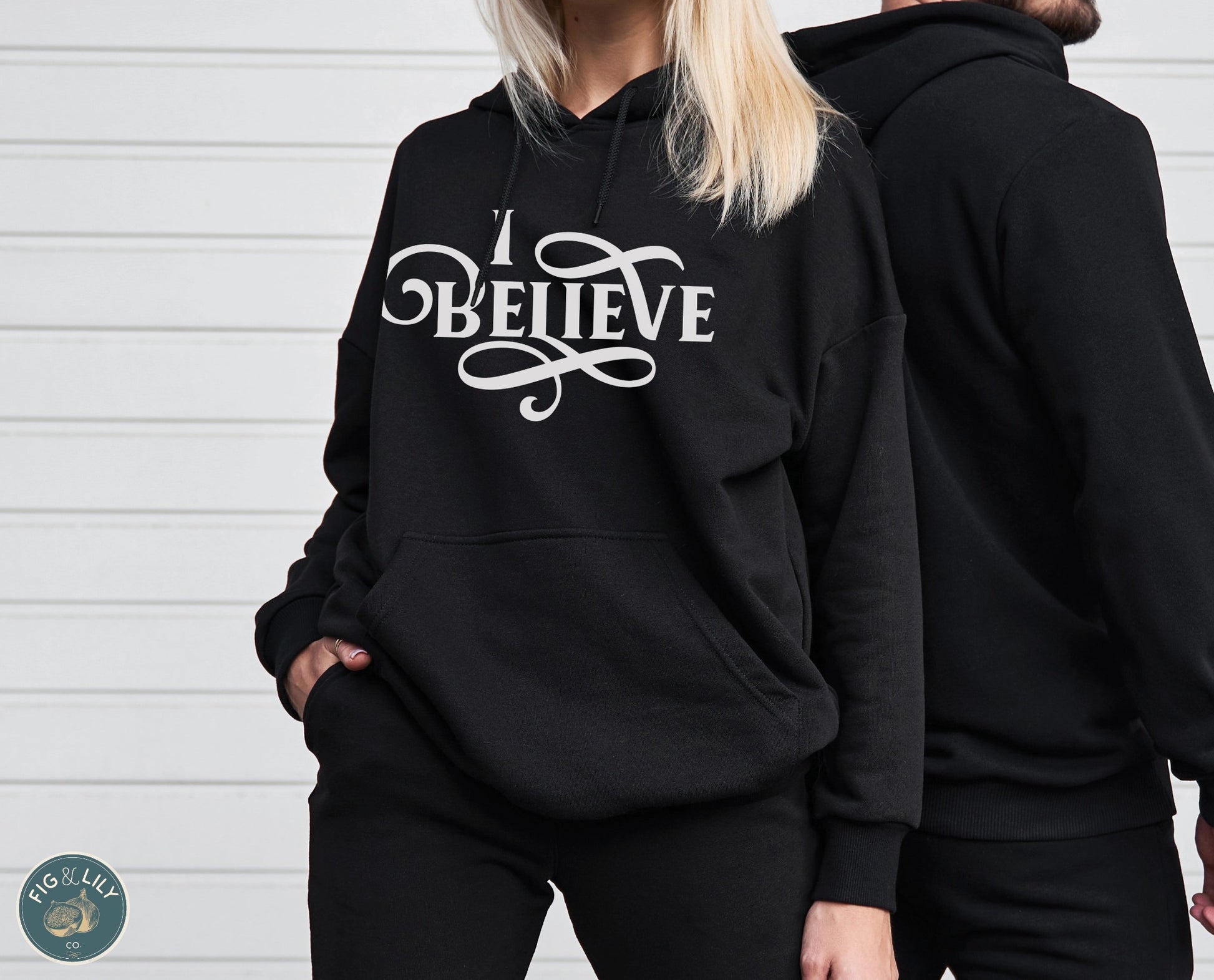 I Believe Swirl Christian aesthetic Jesus believer design printed in white on soft black unisex hoodie sweatshirt for women, great gift for her