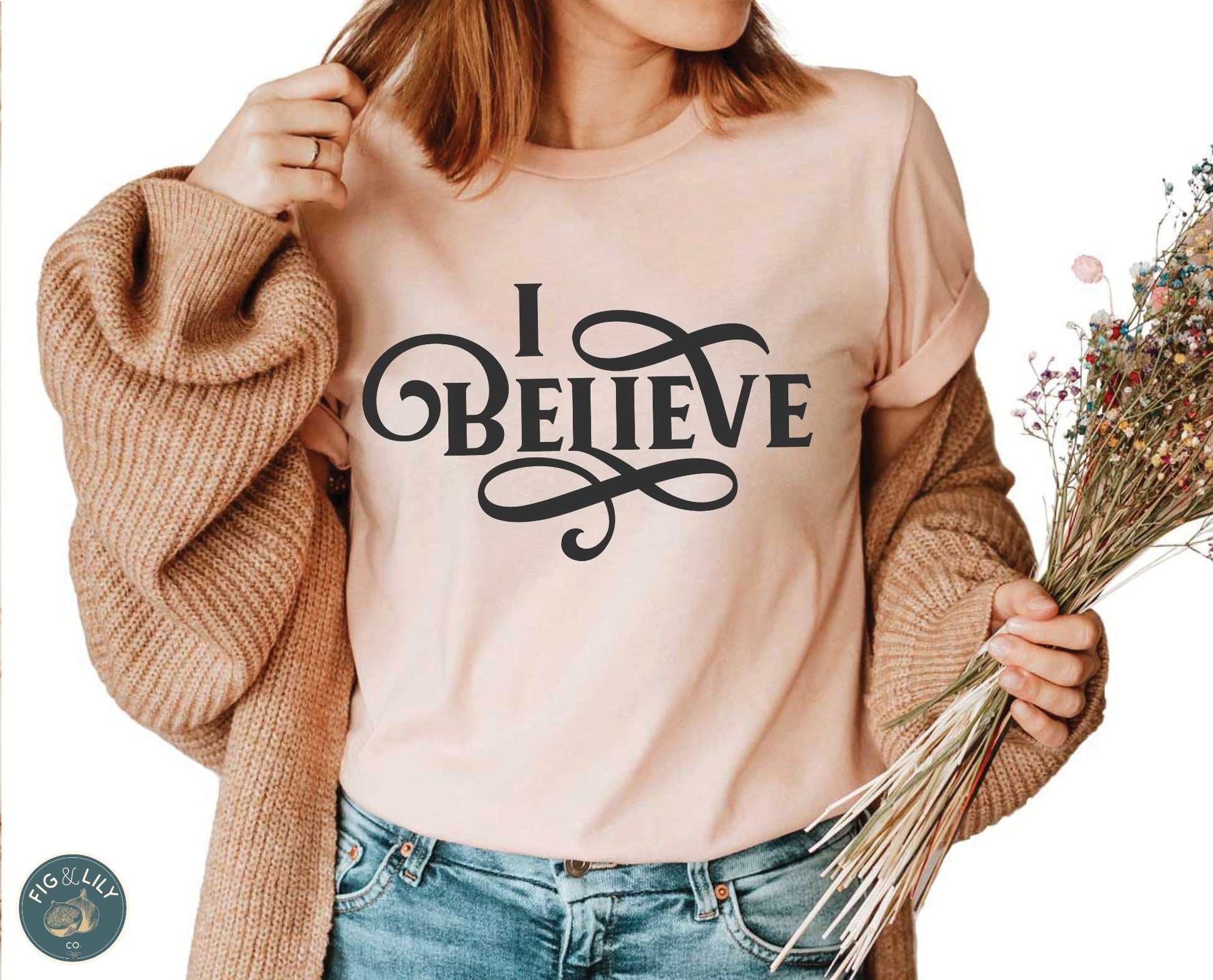 I Believe Swirl Christian aesthetic Jesus believer t-shirt design printed in black on soft heather prism peach tee for women, great gift for her