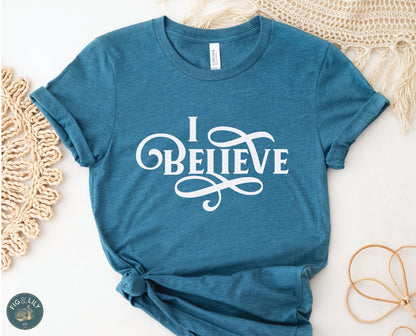 I Believe Swirl Christian aesthetic Jesus believer t-shirt design printed in black on soft heather deep teal tee for women, great gift for her