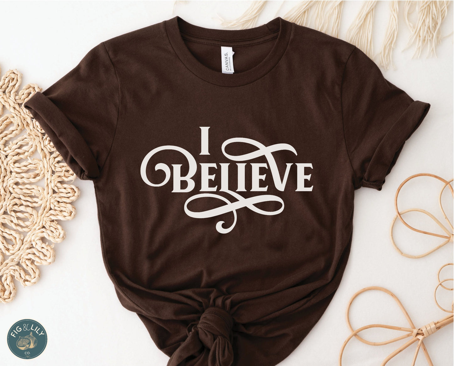 I Believe Swirl Christian aesthetic Jesus believer t-shirt design printed in white on soft chocolate brown tee for women, great gift for her