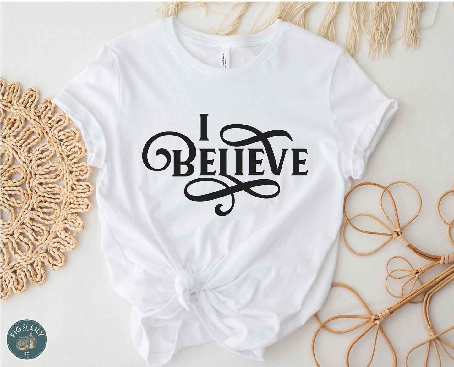 I Believe Swirl Christian aesthetic Jesus believer t-shirt design printed in black on soft white tee for women, great gift for her