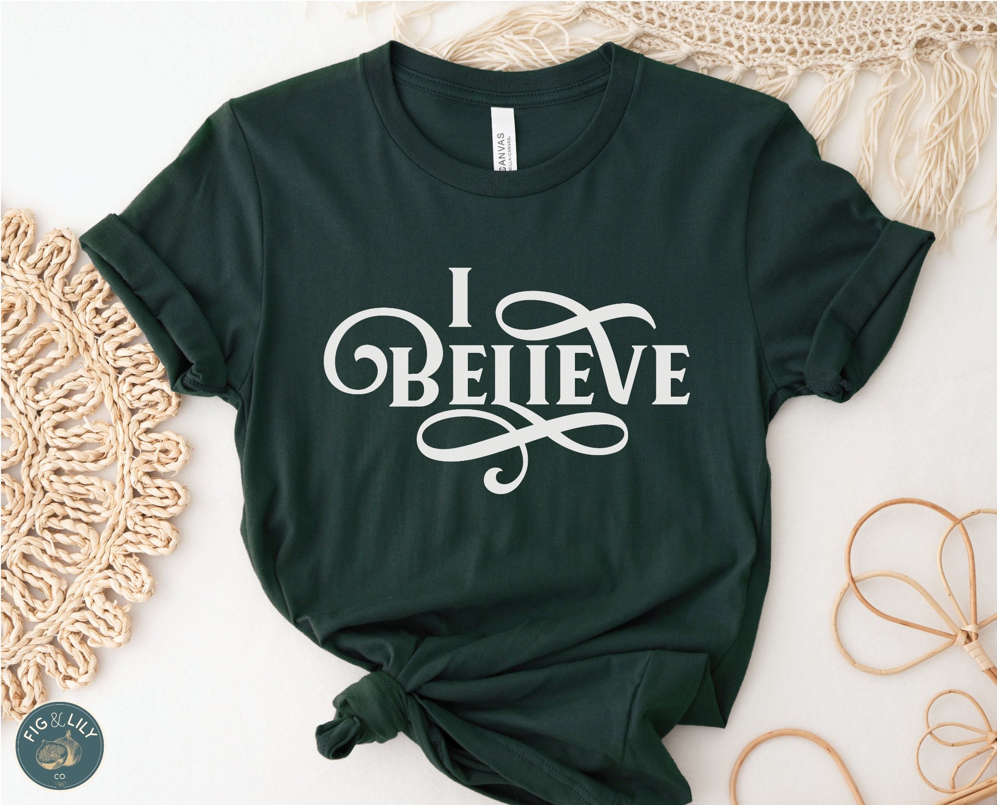 I Believe Swirl Christian aesthetic Jesus believer t-shirt design printed in white on soft heather forest dark green tee for women, great gift for her