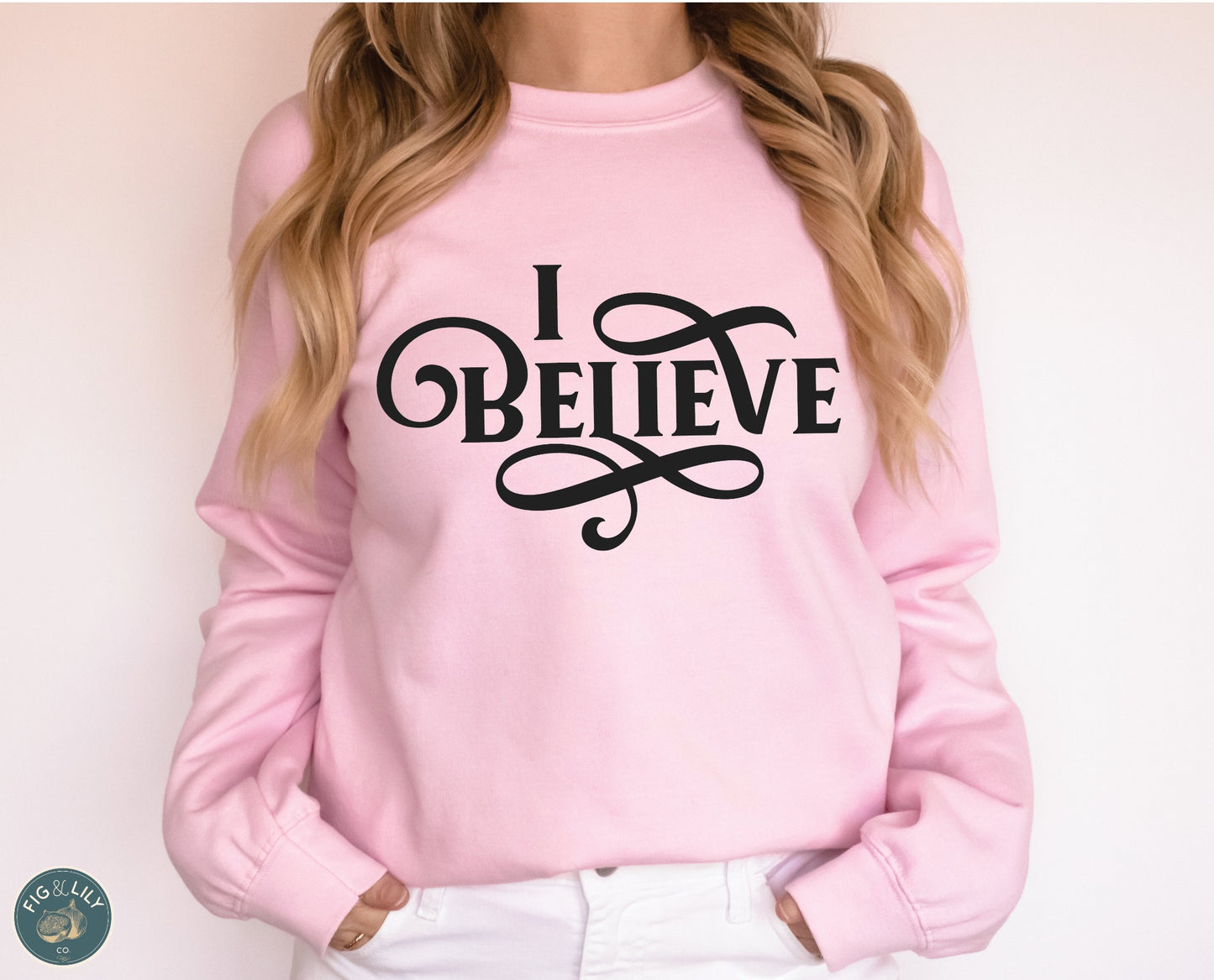 I Believe Swirl Christian aesthetic Jesus believer design printed in black on soft light pink unisex crewneck sweatshirt for women, great gift for her