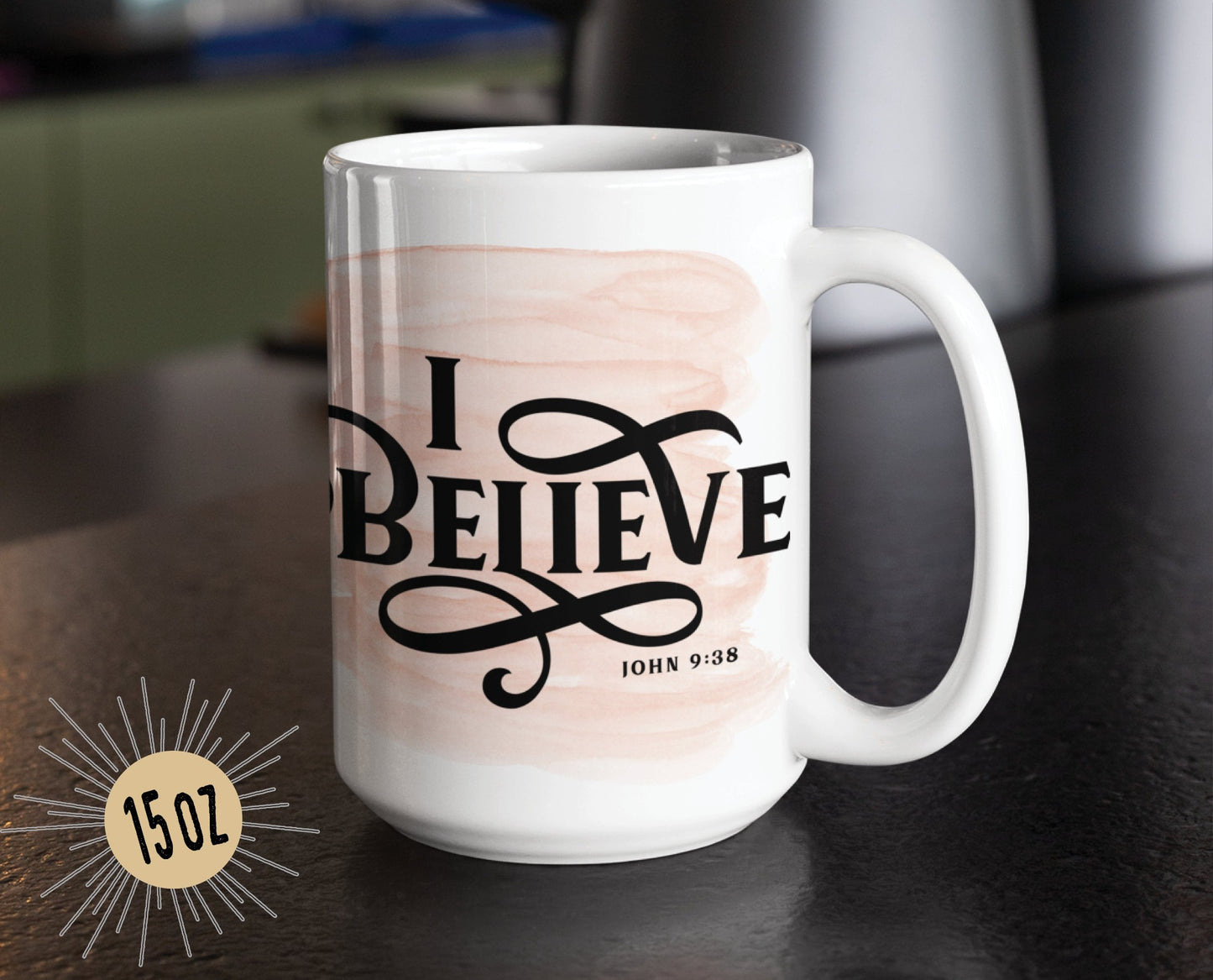 I Believe Swirl faith based Christian aesthetic John 9 bible verse peach pink watercolor splash background printed on white 15 oz. sturdy ceramic mug